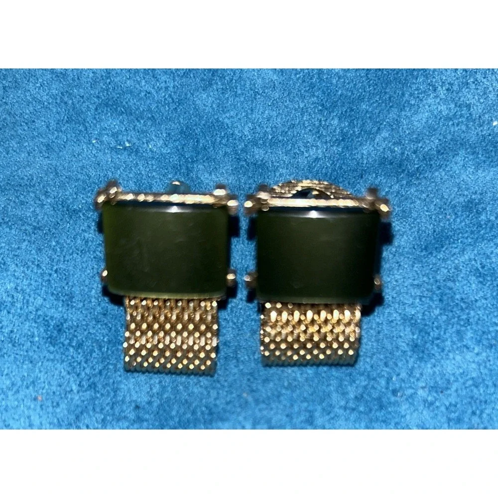 Vintage‎ Dante Dark Green Stone Cufflinks Gold Tone Mesh